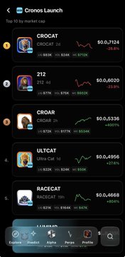 A mobile screenshot of the 'Chronos Launch' app displaying a 'Top 10 by market cap' list of meme coins, including tickers like CROCAT, Z12, CROAR, ULTCAT, and RACECAT, with their corresponding prices and percentage changes.