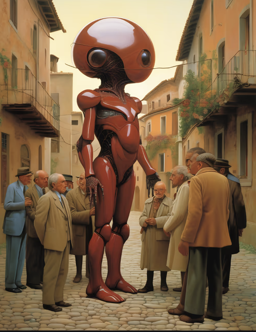 An AI-generated illustration of a tall, red, robotic alien figure standing in a cobblestone street while surrounded by a group of elderly people in coats.