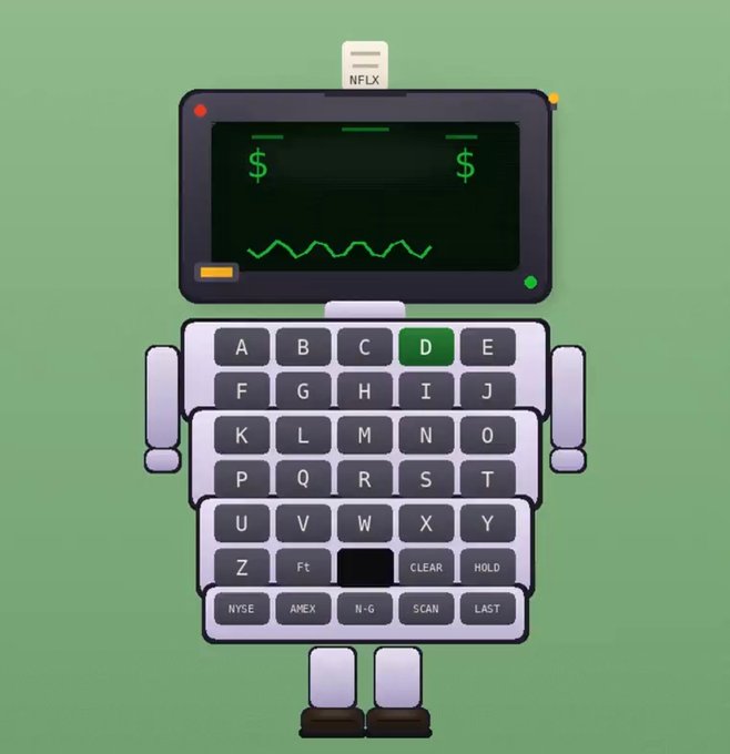 A cartoon robot with a stock ticker display showing dollar signs on its screen and a keyboard body featuring letters A-Z and stock exchange buttons like NYSE, AMEX, and N-G.