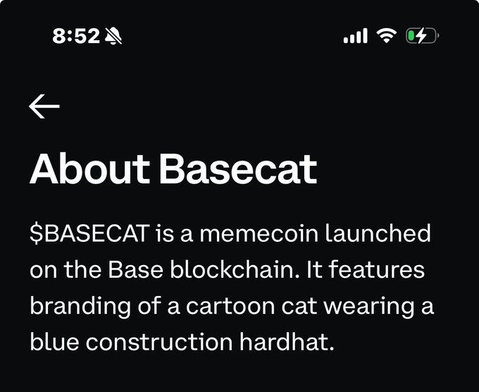A screenshot of an "About Basecat" page describing $BASECAT as a memecoin on the Base blockchain featuring a cartoon cat in a blue construction hardhat. The image supports the post's claim that $BASECAT is a creative meme project on Base, playfully suggesting Coinbase could be more inventive like this branding effort.