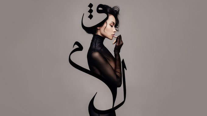An artistic profile portrait of a woman with dark hair wearing a black top and hat, rendered in a stylized, sculptural manner against a gray background.