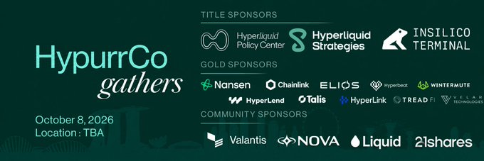 Promotional graphic for "HypurrCo gathers" event on October 8, 2026 in Singapore, listing Title Sponsors (Hyperliquid Policy Center, Hyperliquid Strategies, Insilico Terminal), Gold Sponsors (Nansen, Chainlink, Eliqs, Hyperbeat, Wintermute, HyperLend, Talis, HyperLink, TreadFi, Velar Technologies), and Community Sponsors (Valantis, Nova, Liquid, 21shares), highlighting Eliqs' Gold Sponsorship role.