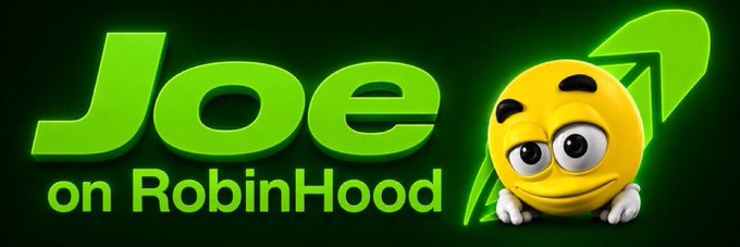 Banner graphic reading 'Joe on RobinHood' in green text with a yellow emoji face character and a green upward-pointing arrow on a black background.