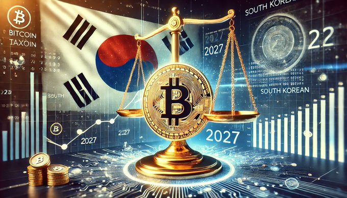 A golden Bitcoin sits on a balance scale against the backdrop of the South Korean flag, surrounded by 2027 data graphics and charts symbolizing the upcoming taxation on crypto trading. The image highlights South Korea's crypto tax announcement alongside other Asian regulatory shifts.