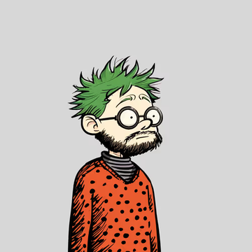 A cartoon illustration shows a bearded man with round glasses, wild green hair, and a red polka-dot shirt, looking off to the side with a quirky, aloof expression that fits the casual "Bro" caption as a humorous, relatable depiction of a chill or awkward friend.