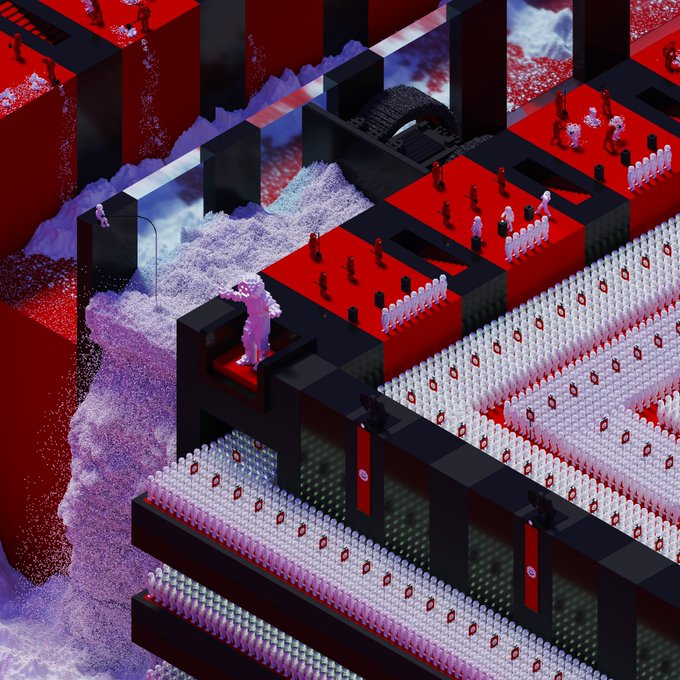 An isometric 3D digital art piece featuring red platforms, black structural elements, and crowds of small white figures with red circular icons, alongside purple and white wave-like formations.
