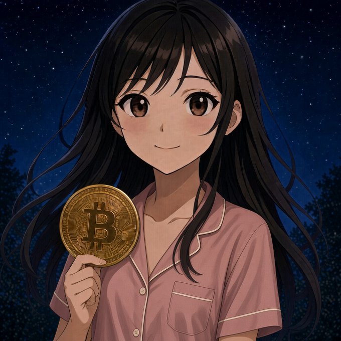An anime-style illustration depicts a dark-haired girl with brown eyes wearing pink pajamas, holding up a gold Bitcoin coin against a starry night sky background.