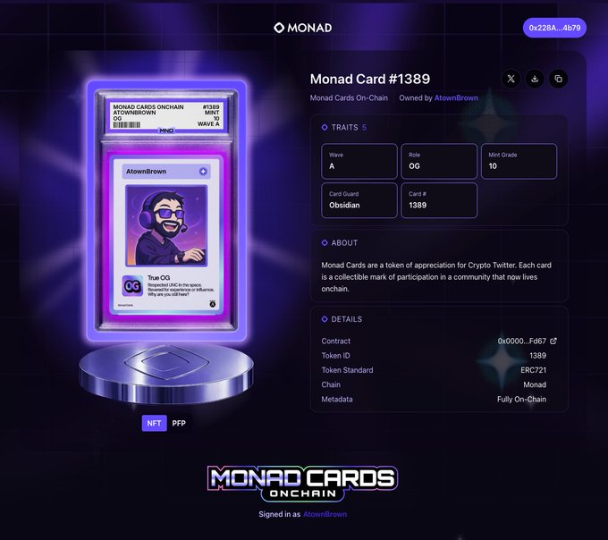 Monad Cards Onchain NFT detail page showing Monad Card #1389 owned by AtownBrown, featuring a pixel art character avatar with traits Wave A, Role OG, and Mint Grade 10.