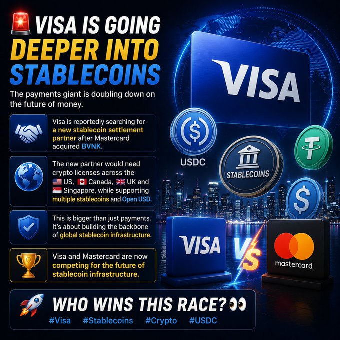 An infographic titled 'VISA IS GOING DEEPER INTO STABLECOINS' stating the payments giant is 'doubling down on the future of money,' detailing its search for a new stablecoin settlement partner after Mastercard acquired BVNK, with sections on partnerships, global infrastructure, and a competition with Mastercard using USDC and stablecoin icons.