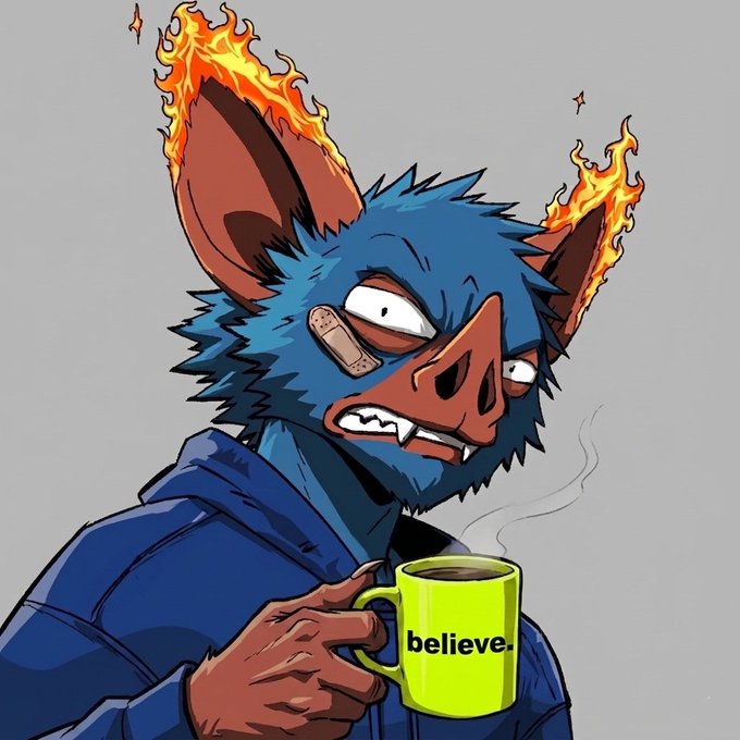 An illustration of a grumpy, blue-furred humanoid creature with large flaming horns, a bandage on its face, and a blue jacket, gripping a green mug labeled 'believe.'