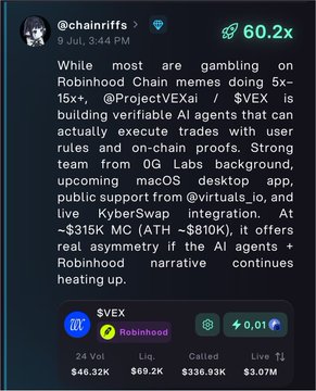 A social media post by @chainriffs discusses AI agents on Robinhood Chain, mentioning tickers like $VEX, $ProjectVEXai, and $virtuals_io, with $VEX showing a market cap of $46.32K.