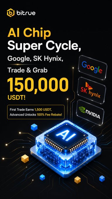 A Bitrue promotional graphic advertises an "AI Chip Super Cycle" trading event featuring Google, SK Hynix, and NVIDIA, offering a 150,000 USDT prize pool with 1,500 USDT for first trades and 100% fee rebates for advanced traders, visually anchored by a glowing AI microchip illustration.