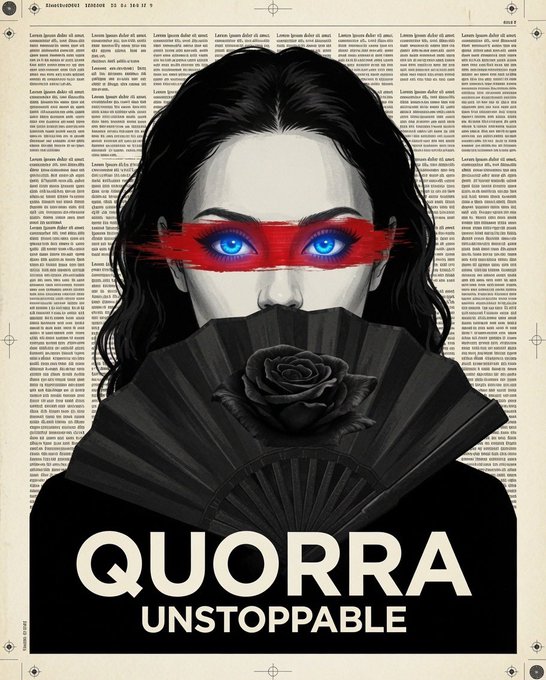 A stylized portrait shows a woman with striking red and blue glowing eyes, holding a black rose and fan against a newspaper-text background, with the bold text "QUORRA UNSTOPPABLE" at the bottom—referencing the resilient, fierce character from Tron: Legacy that complements the post's "unstoppable" theme.