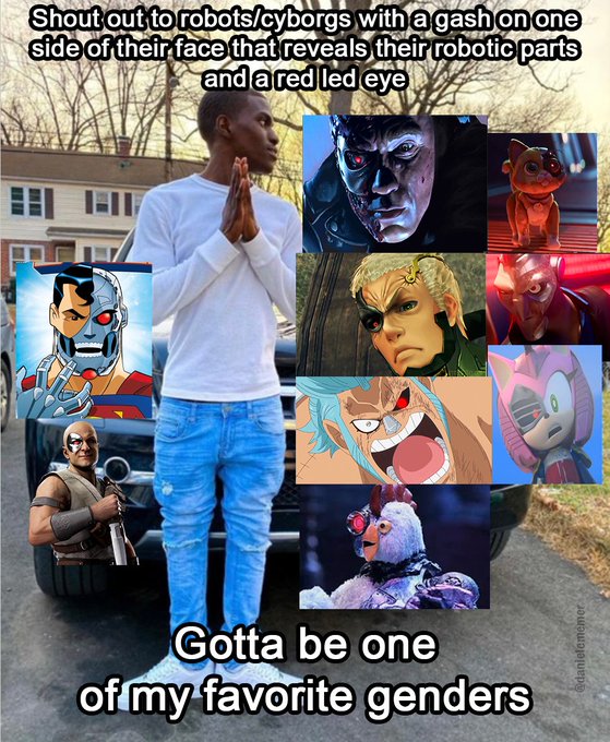 A meme featuring a man in a white shirt and jeans with hands clasped, surrounded by images of various robots/cyborgs with a gash revealing robotic parts and red LED eyes. Text reads: 'Shout out to robots/cyborgs with a gash on one side of their face that reveals their robotic parts and a red led eye' and 'Gotta be one of my favorite genders', with watermark '@aliencornee'.