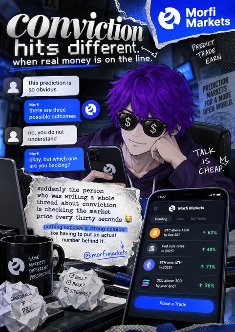 An advertisement for Morfi Markets featuring an anime-style character with purple hair and dollar sign sunglasses, with the slogan 'Conviction hits different when real money is on the line.'