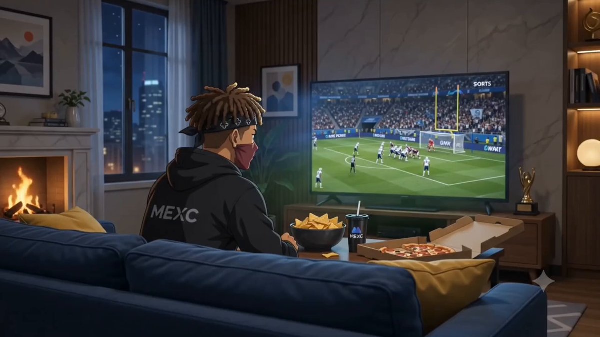 The image shows a man sitting on a couch with his eyes focused on a television screen displaying a football game. The TV is placed against a wall, and there are two pizzas nearby, suggesting that they might be enjoying a casual meal while watching the game. A bottle can also be seen in the scene, possibly containing a beverage for the man to enjoy during their time together.