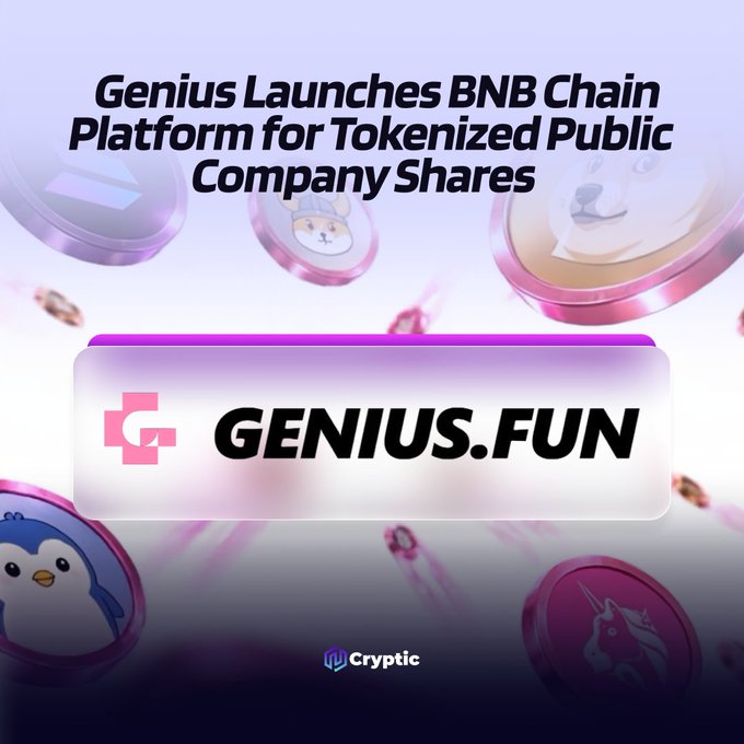 A promotional graphic featuring the headline "Genius Launches BNB Chain Platform for Tokenized Public Company Shares" with the "GENIUS.FUN" logo prominently displayed against a background of floating, pastel-colored token coins featuring various animal mascots. The "Cryptic" watermark appears at the bottom, and the design visually reinforces the announcement about Genius Terminal's new RWA platform for tokenized stocks on BNB Chain.