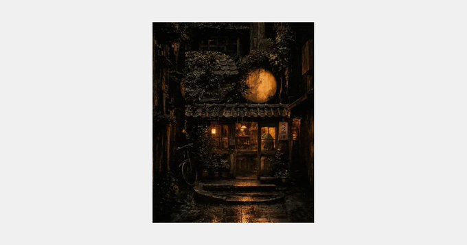 A dark, atmospheric illustration of a small storefront or shop at night with warm glowing lights, a moon visible above, and a bicycle parked outside.