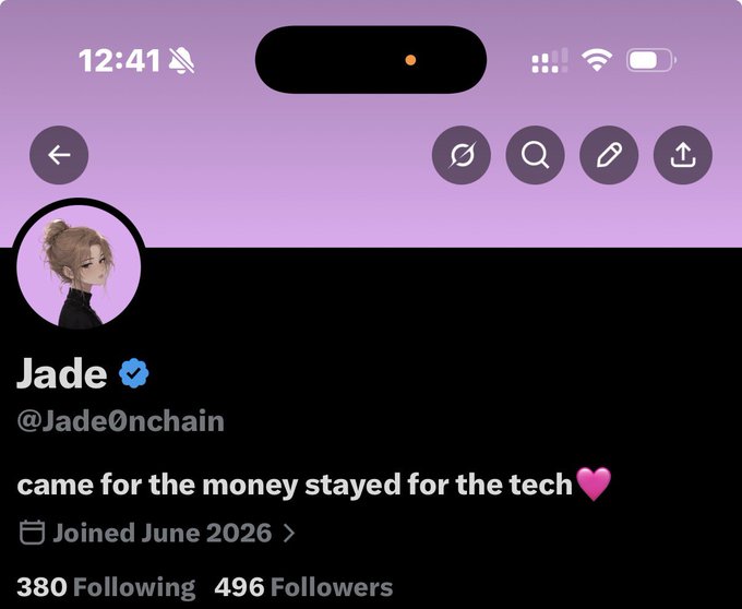 A Twitter/X profile screenshot for 'Jade' (@Jade0nchain), a verified user whose bio reads 'came for the money stayed for the tech 💗', joined June 2026, with 380 following and 496 followers.