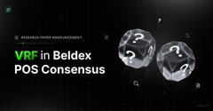 A dark presentation slide titled "VRF in Beldex POS Consensus" with two silver coin graphics featuring diamond logos.