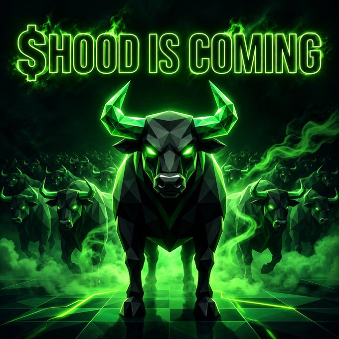 A geometric black bull with glowing green eyes and horns leads a herd through green smoke beneath the neon text "$HOOD IS COMING," visually reinforcing the post's rallying cry that "the bulls are coming" for the $HOOD token launch.