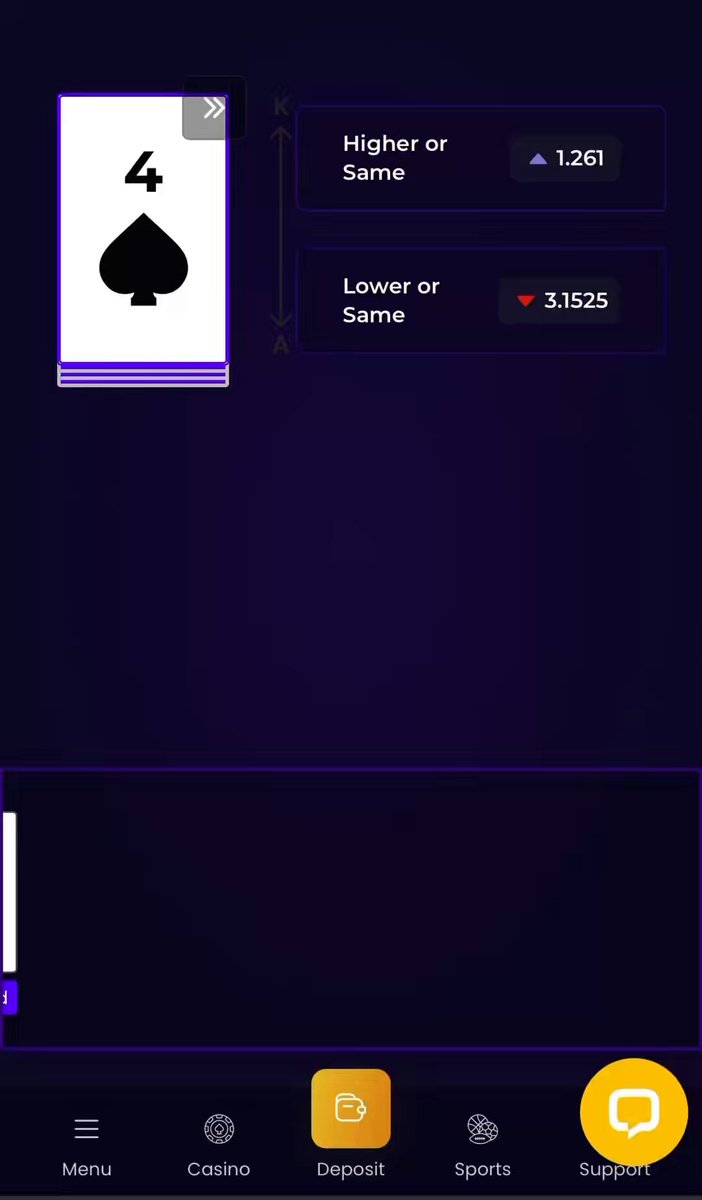 The image shows a phone screen displaying a poker game app with a spade symbol at the top left corner. The app has a purple background and yellow buttons for different options such as "Higher or Same", "Lower or Same", and "Support". A message is displayed on the screen, which reads "@biggerzofficial played HILO and won 12,500 USDT".