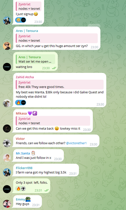 A Telegram group chat titled "Zyntrix - nodes + tesnet" showing lively conversation among members like Ares, Zahid Atcha, Mikasa, Victor, Mr.Santa, Flickerr098, and Emmy, with the latest message "Hey guys ☘️" at 23:31. The chat references related projects @zecvisions and @ZeckersNFT, aligning with the post promoting open spots in the group for gaming and giveaways.