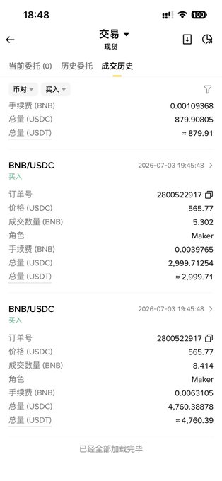Mobile phone screenshot showing a cryptocurrency trading app's transaction history (成交历史) in Chinese, with completed buy orders for BNB/USDC at 565.77 USDC per BNB, totaling approximately 879.91 USDT at timestamp 19:45:48.