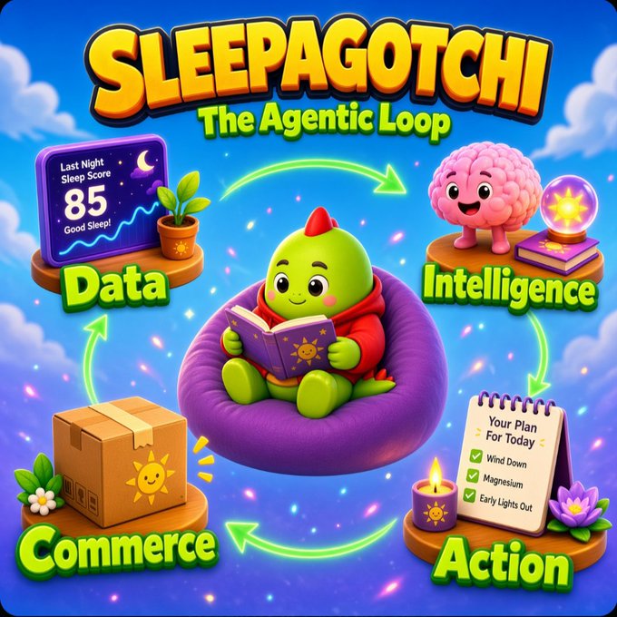 A colorful promotional graphic for 'SLEEPAGOTCHI: The Agentic Loop' featuring a green dragon character reading on a beanbag chair, surrounded by an illustrated cycle of Data, Intelligence, Action, and Commerce.
