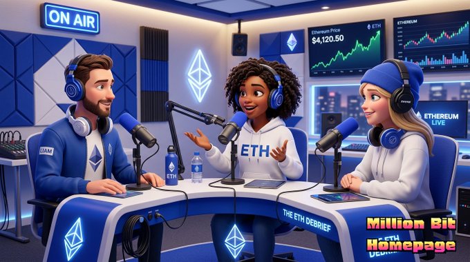 A cartoon-style illustration of three people hosting a podcast in a blue studio decorated with Ethereum logos, with screens showing "Ethereum Price $4,120.50" and "ETHEREUM LIVE," and text reading "THE ETH DEBRIEF" and "Million Bit ETH Homepage."