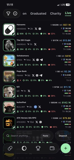 Mobile app screenshot showing a crypto trading interface with tokens like HANSEMS, ANDREAS, STKM, PBANK, bill, BULLWIF, and AFKHERO listed with their market caps and price changes.