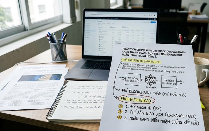 A study/work desk with a laptop displaying a spreadsheet, surrounded by handwritten notes including Vietnamese text about blockchain USDT payment fees and transaction verification.