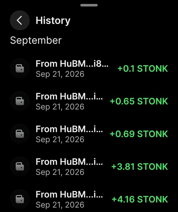 A transaction history showing multiple deposits on Sep 21, 2026 from HuBM...i8... receiving various amounts of STONK including +0.1, +0.65, +0.69, +3.81, and +4.16.