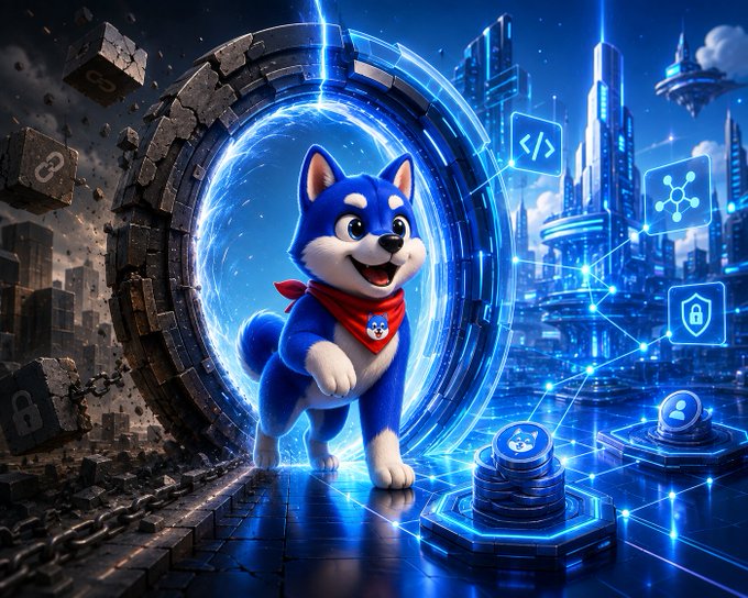 AI-generated illustration of a cute blue Shiba Inu puppy wearing a red bandana, stepping through a glowing blue sci-fi portal with floating icons (code, network, security) and futuristic skyscrapers in the background.