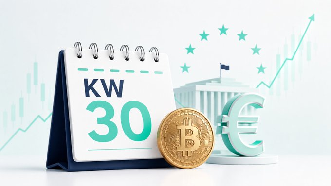 A desktop calendar marked "KW 30" sits beside a gold Bitcoin coin and a teal Euro symbol, with a stock chart and EU stars in the background—visually representing Crypto Week's key economic events, including the ECB interest rate decision and British inflation data.