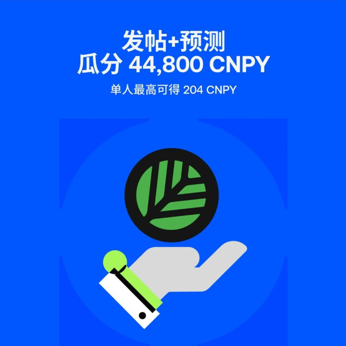 A blue graphic features a hand holding a coin with a leaf design, accompanied by Chinese text translating to 'Post + Prediction, Share 44,800 CNPY, Max 204 CNPY per person'.
