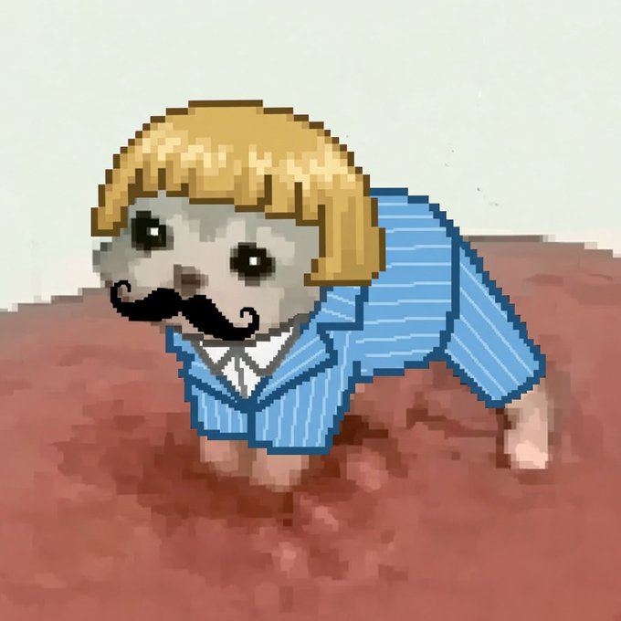 A pixel art illustration of a small dog wearing a blonde bowl-cut wig, a fake black mustache, and a blue pinstripe suit standing on reddish ground.