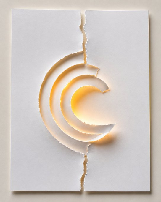 A minimalist artistic image of a white piece of paper with a torn circular design that glows warm yellow/orange from within, resembling a stylized eclipse or moon.