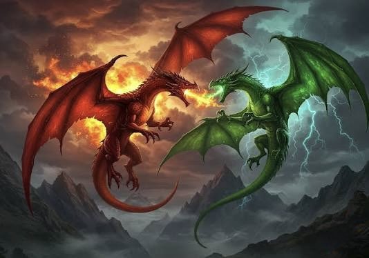A fantasy digital artwork depicting a fierce battle between a red fire-breathing dragon and a green lightning-wielding dragon in front of a mountainous, cloudy sky.