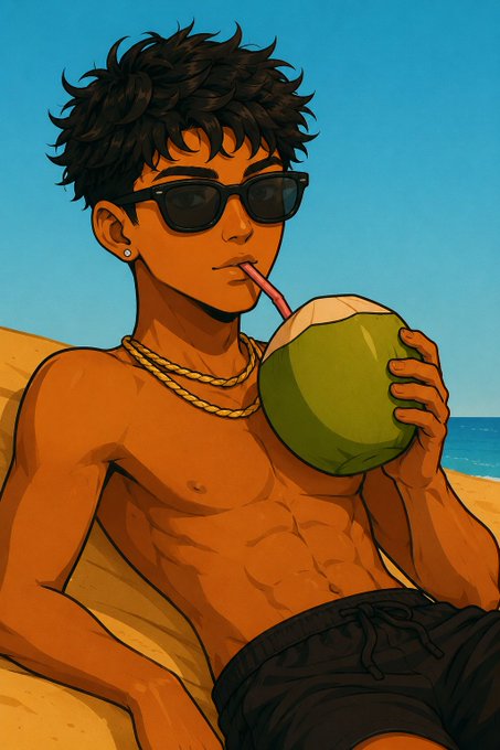 An illustrated cartoon of a shirtless young man with messy black hair and sunglasses drinking from a green coconut with a straw on a beach.