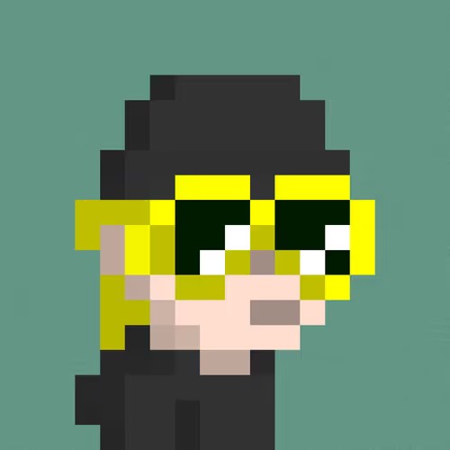 A pixel art portrait of a figure wearing yellow-tinted sunglasses against a teal background, representing the generative art piece "Re:Generates #2116" that was sold for 0.0523 WETH as indicated in the transaction details.