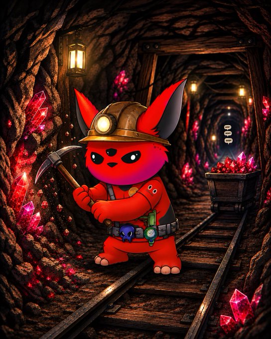 A 3D-rendered digital artwork of a small, red, cartoonish fox or goblin-like creature dressed as a miner with a hard hat and pickaxe, standing on wooden minecart tracks inside a dark cavern decorated with glowing pink and red crystals.