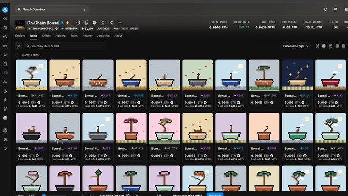 Screenshot of an OpenSea NFT marketplace page displaying 'On-Chain Bonsai' collectibles with various floor prices in ETH.