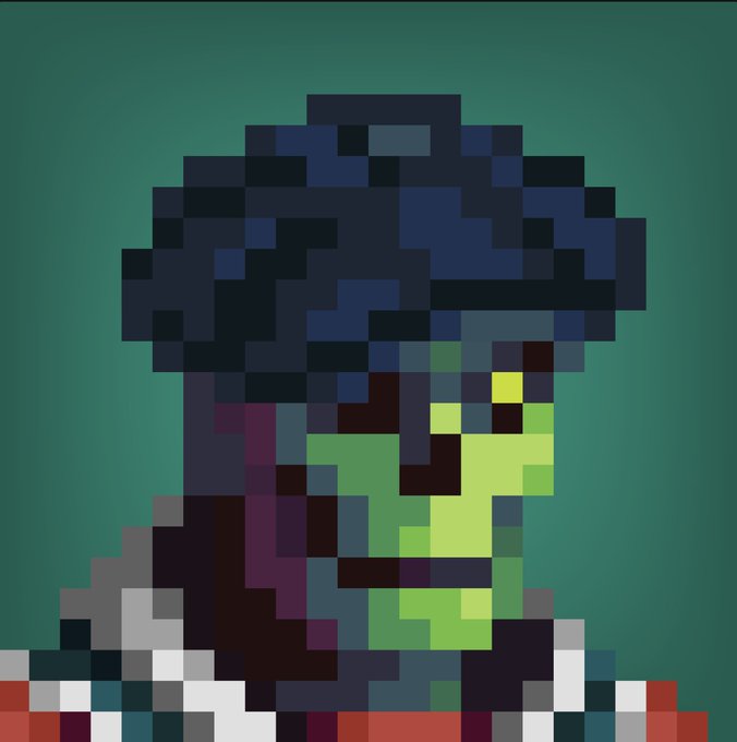 A pixelated portrait of a figure with dark hair and green skin against a dark green background, with a glitch-like effect at the bottom.