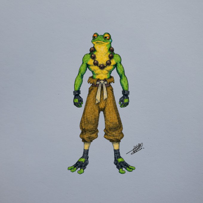 A colored illustration of an anthropomorphic frog character with a green and yellow muscular body, wearing brown pants, a beaded necklace, and fingerless gloves.