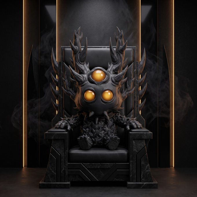 A small, dark, spiked creature with three glowing orange eyes sits upon an imposing black throne, surrounded by swirling smoke and amber-lit pillars—its menacing yet adorable appearance perfectly embodying the caption's sentiment that "the darkness is my friend."