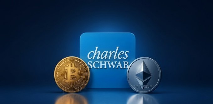 The image presents a striking comparison between two cryptocurrencies against a solid blue background with white text and logos. On one side of the screen are two golden Bitcoins, while on the other side are two silverETHETHETHS. These two coins represent different types of digital assets. The Bitcoin symbol is shown in front of the two Bitcoins, and the Ether symbol is displayed below them next to the Ethereum coin. A post by Charles Schwab confirms that these cryptocurrencies will be available 24/7 for trading, making it an exciting time to engage in cryptocurrency exchanges and explore various asset classes beyond traditional currency offerings from banks or financial institutions.