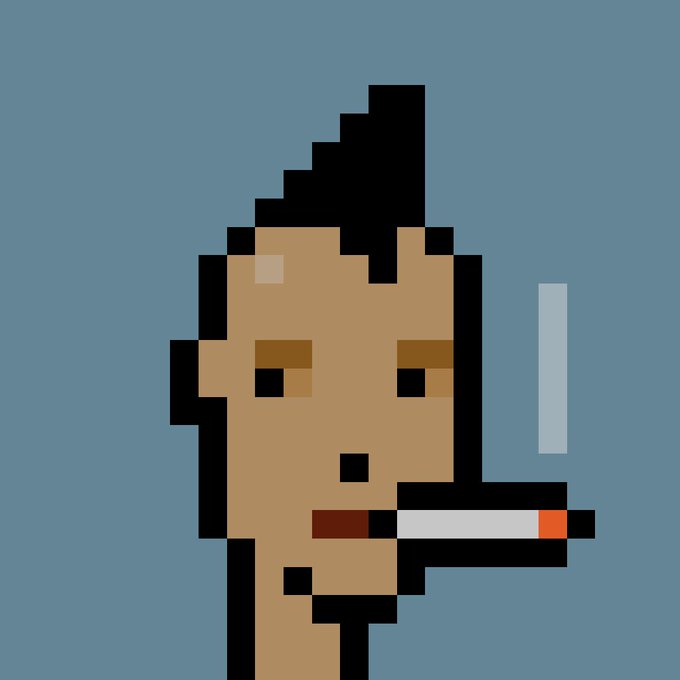 A pixel art portrait of a person with dark hair smoking a cigarette, featuring a simple digital style against a blue background.