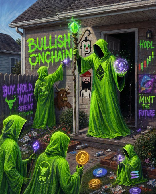 An AI-generated crypto-themed artwork showing green-hooded figures around a house with graffiti reading 'BULLISH ONCHAIN,' 'BUY. HOLD. MINT. REPEAT,' 'HODL,' and 'MINT THE FUTURE,' featuring Ethereum, Bitcoin, and Solana symbols.