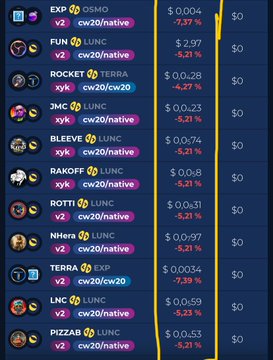 A dark-themed cryptocurrency exchange interface lists various trading pairs like EXP/OSMO, FUN/LUNC, and ROCKET/TERRA alongside their prices and percentage changes.